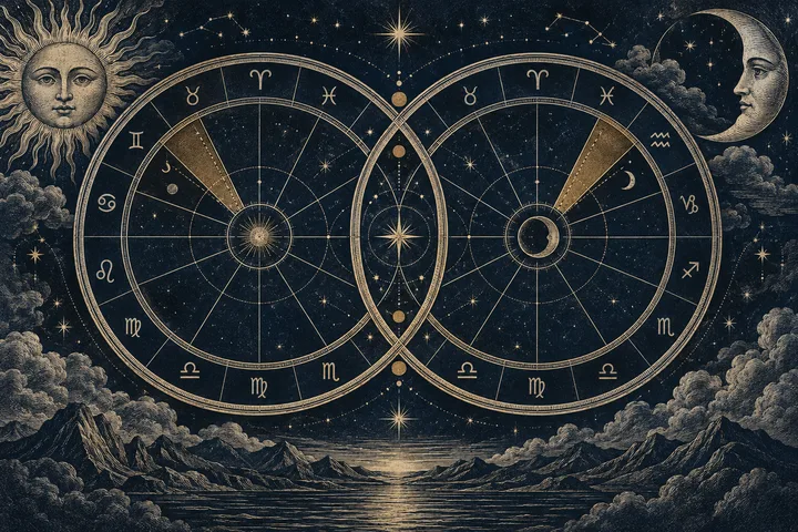 Illustrative midnight-blue synastry chart wheels with an enclosed zodiac sign and brass house lines, showing how an intercepted house changes a relationship overlay.