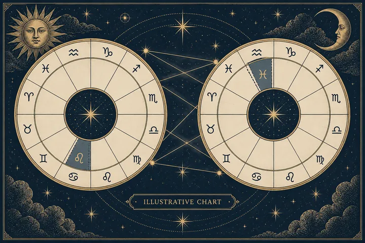 Illustrative brass house-cusp diagram inside a midnight-blue zodiac wheel, highlighting a sign enclosed between two cusps and its paired opposite sign.