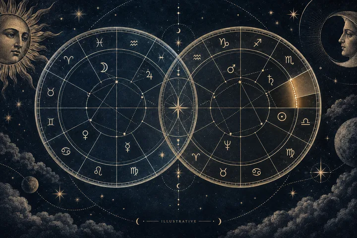 Illustrative synastry overlay close-up showing a Venus symbol entering a fifth-house arc beside a Moon ruler glyph, in ivory and brass on midnight blue.