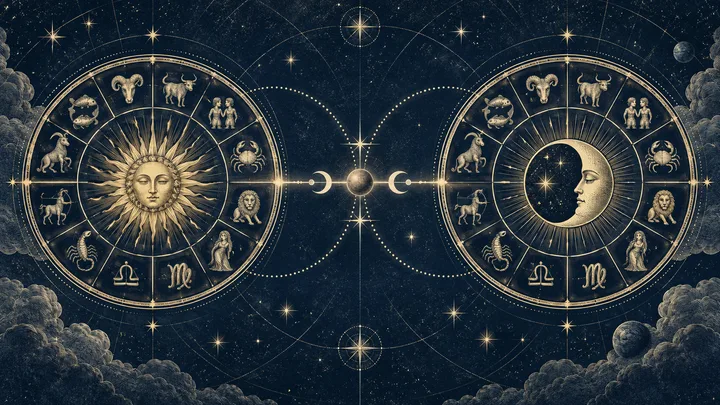 Engraved midnight-blue astrology illustration of two zodiac charts facing across a luminous central opposition axis, suggesting attraction, polarity, and balance.