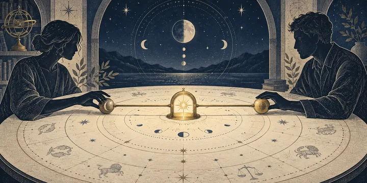 Engraved astrology illustration of two people holding opposite ends of a celestial axis across a chart table, with a warm brass bridge at the center.