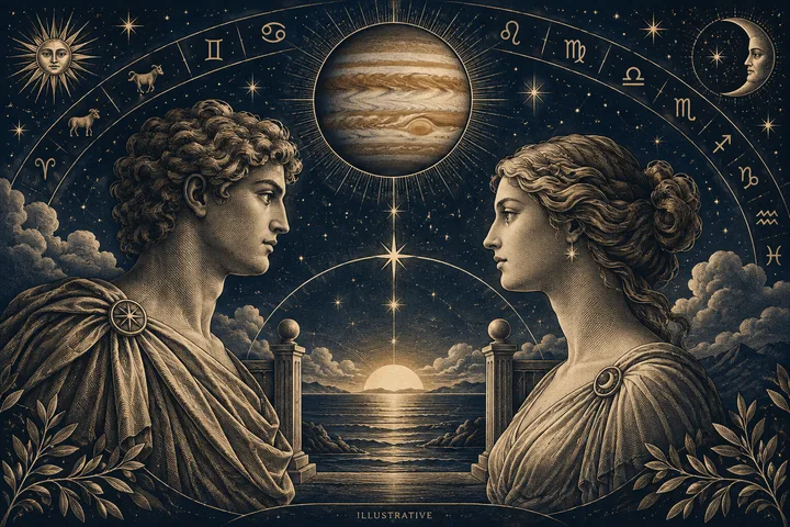 Two classical figures face each other beneath a large planet, surrounded by zodiac symbols and stars, with a sea and setting sun between them.