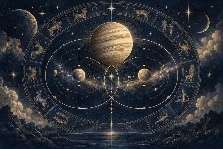 Engraved zodiac wheel surrounding a large striped planet and two smaller planets, with orbital lines, stars, a crescent moon, clouds, mountains, and reflective water.
