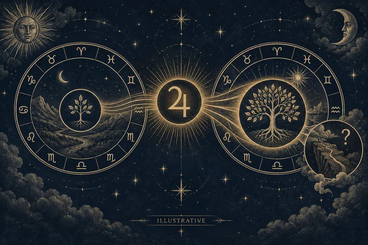 Two gold-outlined zodiac circles connected to a glowing central astrological glyph; the circles contain small plants and landscapes, with a question mark in a side inset and the word ‘ILLUSTRATIVE’ below.