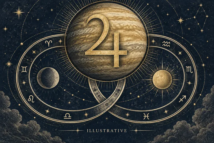 A large striped planet bearing a gold astrological glyph floats above intersecting orbital rings, two smaller celestial bodies, zodiac symbols, stars, clouds, and the word ‘ILLUSTRATIVE’.