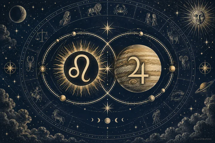 An ornate gold celestial chart on a dark blue starry background, with intersecting circular paths around a Leo symbol and a large striped planet marked with a Jupiter symbol.