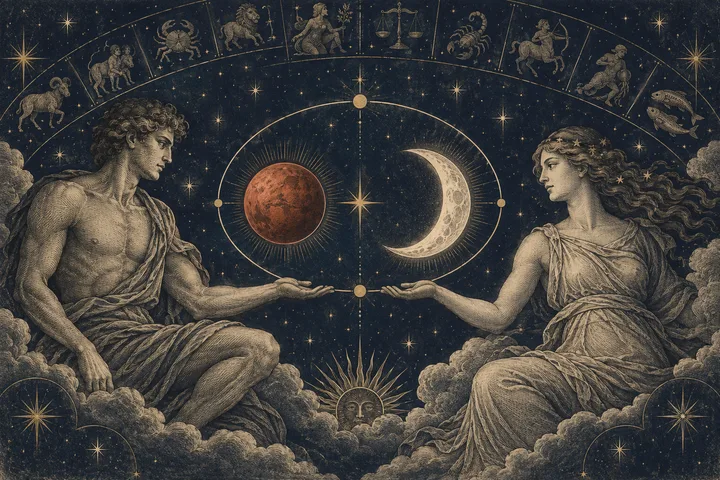 Engraved-style illustration of two seated figures facing each other beneath a starry zodiac band, with a reddish planet and crescent moon between them.