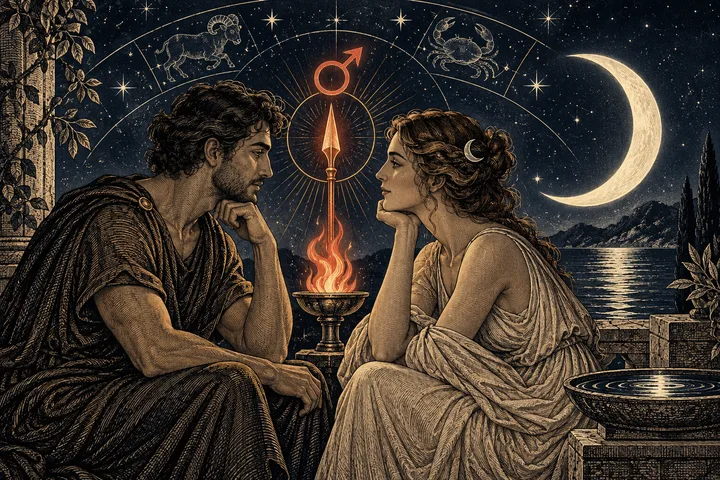 Engraved-style illustration of two seated figures facing each other beside a glowing brazier, with a Mars symbol above and a large crescent moon in the night sky.