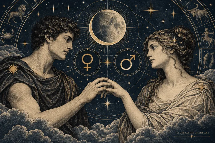 Brass Moon, Venus and Mars symbols linked across an engraved zodiac wheel on an ivory panel against a midnight-blue sky