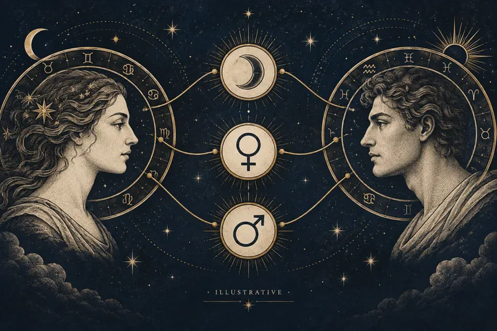 Two engraved zodiac panels connected by brass aspect lines, with Moon, Venus and Mars symbols on an ivory chart against midnight blue