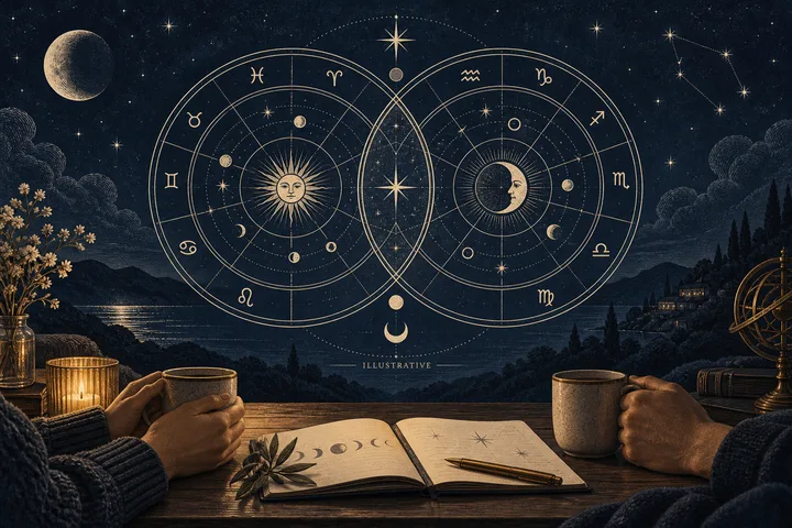 Illustrative couple comparing two linked zodiac wheels beside a weekly check-in table in midnight blue, ivory, and brass