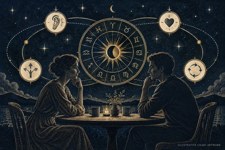 Engraved illustration of two people seated across a table beneath a zodiac wheel, with listening, direction, and circular-arrow symbols