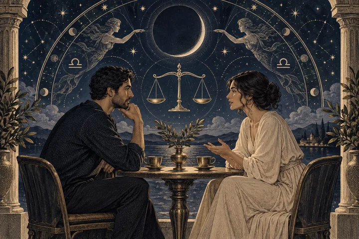 An illustrated man and woman sit across a small table beneath a starry sky, with a pair of scales between them and a crescent moon overhead.
