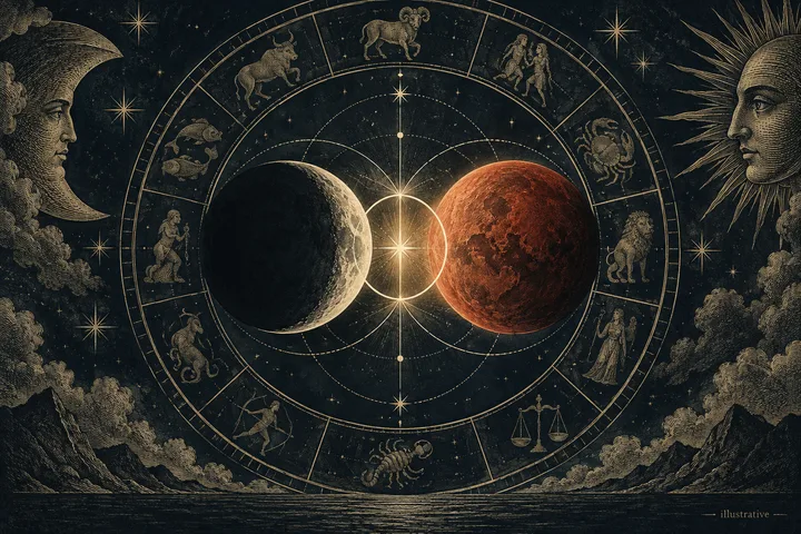 Engraved midnight-blue zodiac wheel with a dark lunar Lilith symbol facing a rust-red Mars sphere, framed by brass stars and marked illustrative.