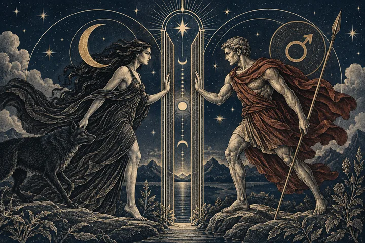 Engraved illustration of a veiled Lilith figure and a Mars figure meeting across an open doorway, with a wolf, crescent moons, and a Mars glyph.