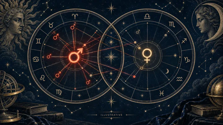 Illustrative engraved synastry chart with a bright Mars sending many red-gold contacts across two zodiac wheels toward a smaller Venus, symbolizing strong activation with quieter affection.