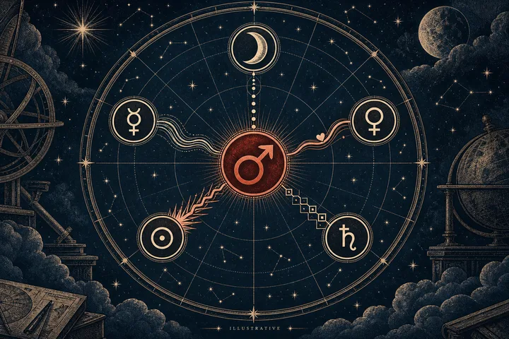 Illustrative engraved astrology wheel with a central Mars connected separately to Moon, Mercury, Venus, Sun, and Saturn glyphs, showing that receiving planets change the meaning of Mars contacts.