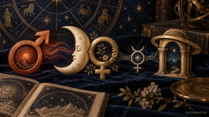 Illustrative engraved astrology still life where Mars energy approaches the Moon and Venus, with Mercury and Saturn motifs forming a bridge and arch for repair, boundaries, and tenderness.