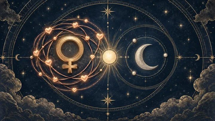 Engraved midnight-blue synastry illustration showing a luminous Venus symbol surrounded by many warm orbiting links beside a quieter ivory Moon crescent with fewer links, symbolizing strong attraction alongside emotional care that needs deliberate attention.