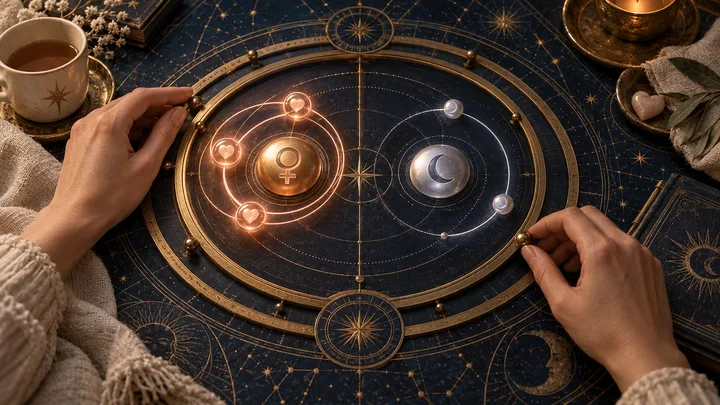 Overhead editorial astrology scene with hands aligning a brass comparison instrument, three close glowing Venus links on one side, and a sparse pearly Moon ring on the other, suggesting that synastry contacts should be ranked before affection is tested in daily care.
