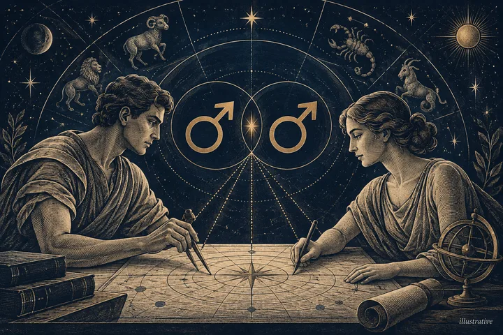 Editorial illustration accompanying: What does a Mars comparison add to a couple's plan for sharing work and initiative?