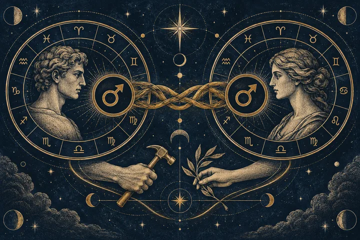 Editorial illustration accompanying: What does a Mars comparison add to a couple's plan for sharing work and initiative?