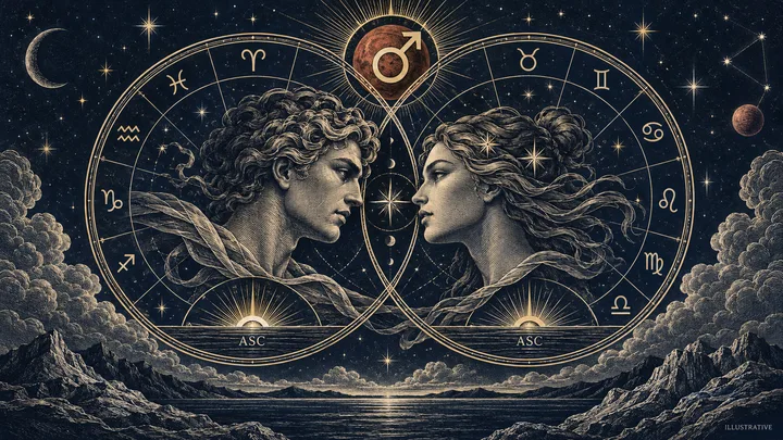 Engraved profiles face each other inside overlapping zodiac circles beneath a Mars symbol, with stars, clouds, mountains, and water around them.