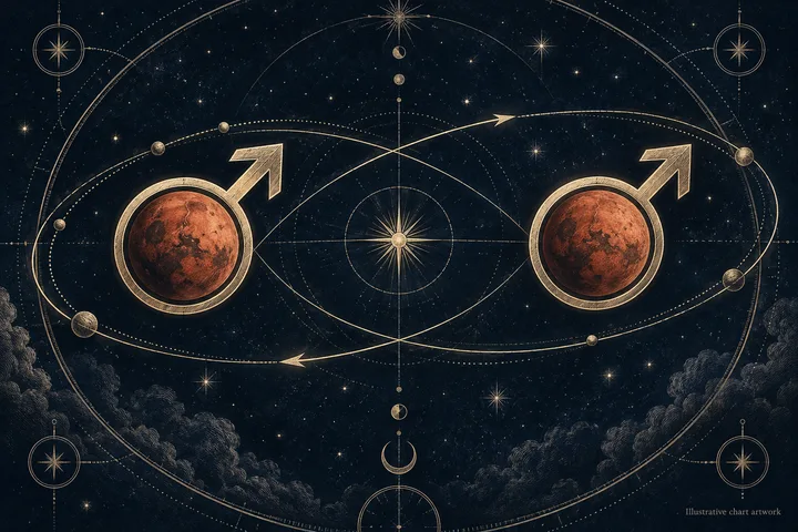 Editorial illustration accompanying: What can Mars-Mars synastry explain about conflict style and shared momentum?