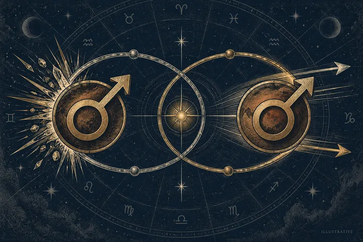 Editorial illustration accompanying: What can Mars-Mars synastry explain about conflict style and shared momentum?