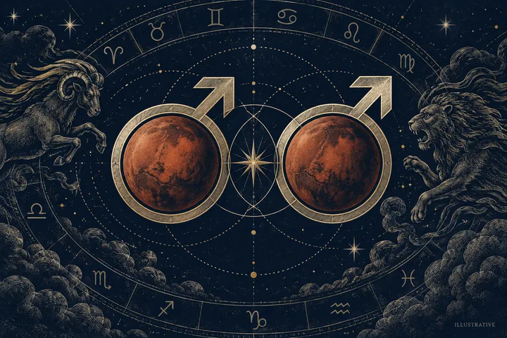 Editorial illustration accompanying: What can Mars-Mars synastry explain about conflict style and shared momentum?
