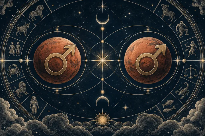 Two rust-colored planets marked with arrow-and-circle symbols sit within a circular star chart, surrounded by small zodiac figures, crescent moons, stars, and clouds.