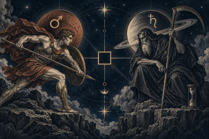 Engraved-style illustration of a spear-bearing figure beneath a Mars symbol facing an older, robed figure with a scythe beneath a Saturn symbol, with a square aspect diagram between them.