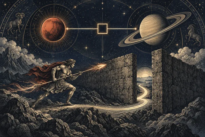 Engraved-style illustration of a spear-bearing figure approaching a gap in a stone wall, with a winding path through the opening and Mars and Saturn symbols connected by a square aspect diagram overhead.