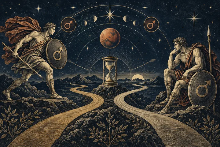 Two classical armored figures face each other across branching paths, with an hourglass, a reddish planet, stars, and circular symbols in a night sky.