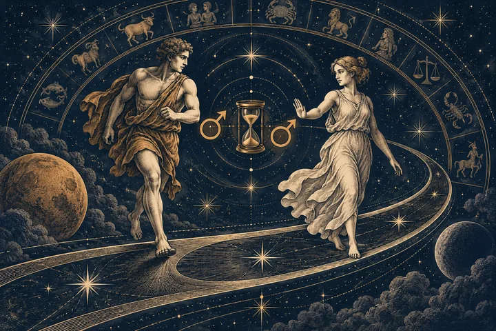 A draped man and woman stand on a curved path beneath a starry zodiac ring, with an hourglass and planetary symbols between them.