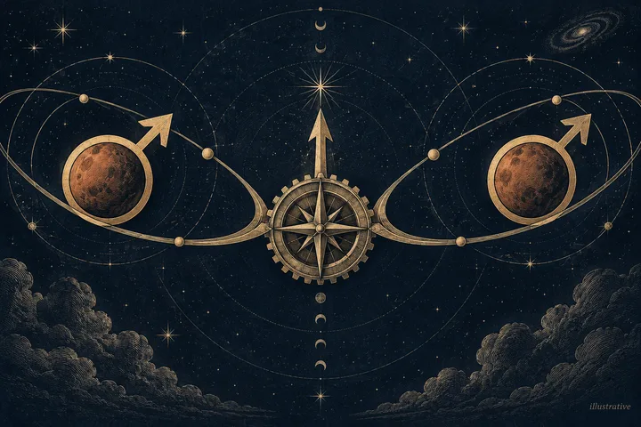 Editorial illustration accompanying: How can Mars synastry become a question about shared initiative instead of chemistry alone?