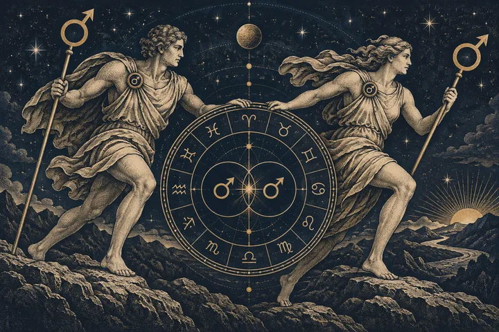 Editorial illustration accompanying: How can Mars synastry become a question about shared initiative instead of chemistry alone?