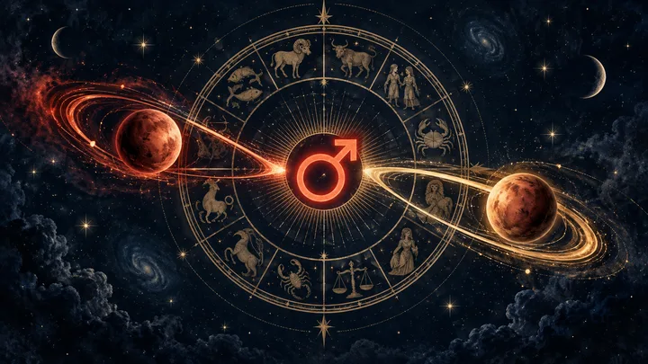Illustrative engraved zodiac wheel with a glowing Mars symbol at the center and two planetary paths meeting from opposite sides in a midnight-blue, brass, ivory, and ember-red celestial scene.