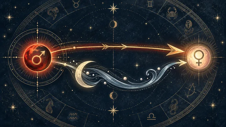 Illustrative Mars and Venus glyphs connected by two contrasting paths: a direct brass arrow and a slower protective ivory crescent route within an engraved zodiac diagram.