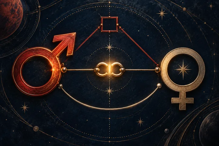 Close-up illustrative Mars and Venus glyphs linked by square, opposition, and flowing aspect lines, with a small glowing brass clasp suggesting repair against a midnight-blue celestial background.
