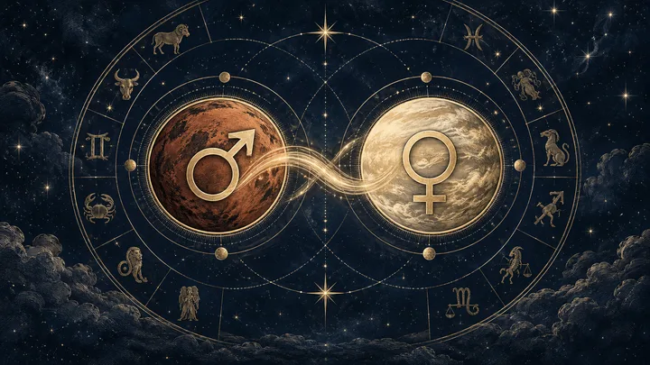 Illustrative engraved Mars and Venus symbols on separate celestial discs connected by a luminous current within a midnight-blue zodiac wheel.