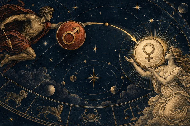 Illustrative engraved Mars figure and red Mars emblem sending a sweeping arc toward a radiant Venus emblem received by an ivory figure in a zodiac sky.