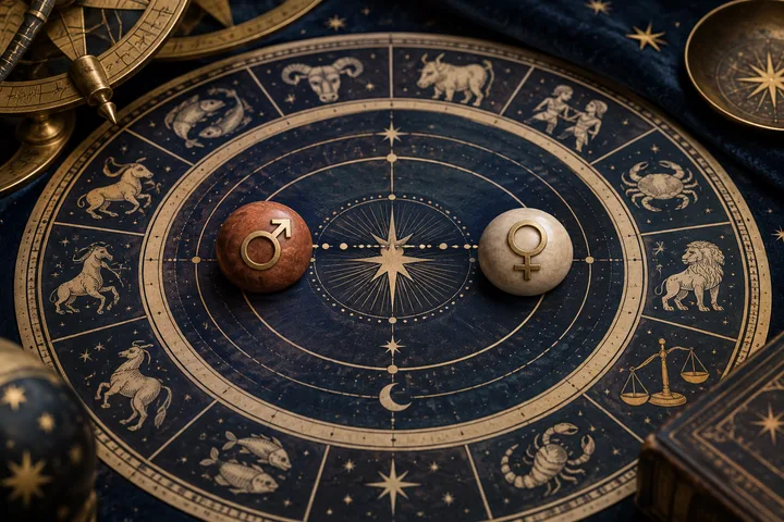 Illustrative close-up of Mars and Venus markers separated by a small gap on an engraved zodiac board beside antique brass celestial measuring instruments.