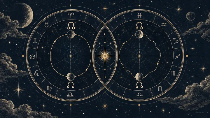 Two overlapping circular zodiac diagrams on a dark, starry background, with lunar-node symbols, moon-like spheres, and directional arrows.