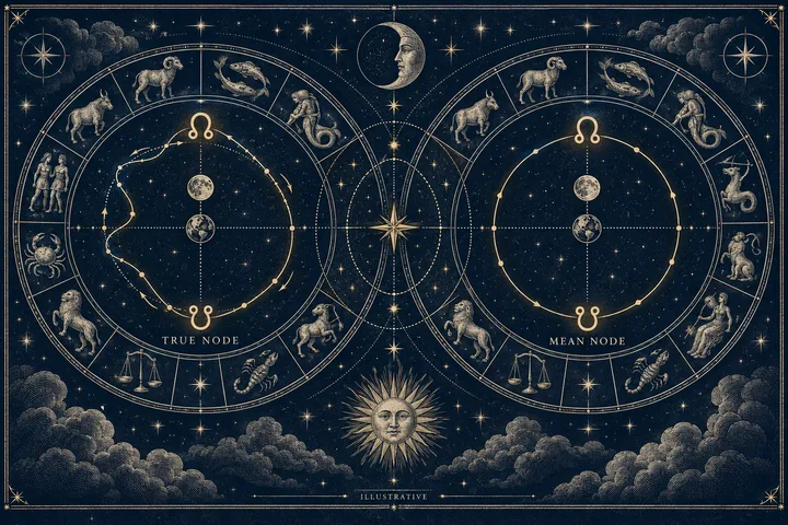 Two circular zodiac diagrams labeled “TRUE NODE” and “MEAN NODE,” surrounded by zodiac figures, stars, clouds, a crescent moon, and a stylized sun.