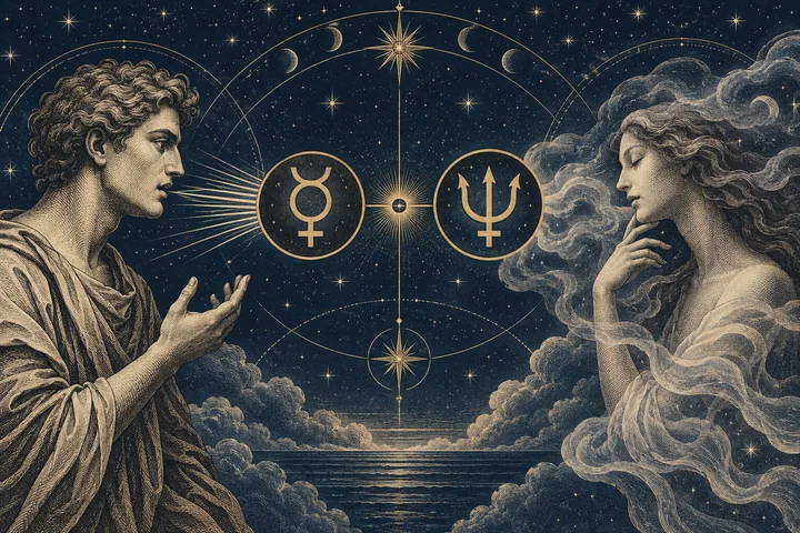 Engraved-style illustration of two figures facing each other across Mercury and Neptune symbols, set against a starry night sky with celestial orbits.