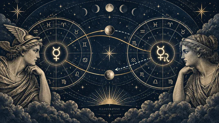 Editorial illustration accompanying: What does Mercury retrograde in one natal chart add to Mercury synastry?