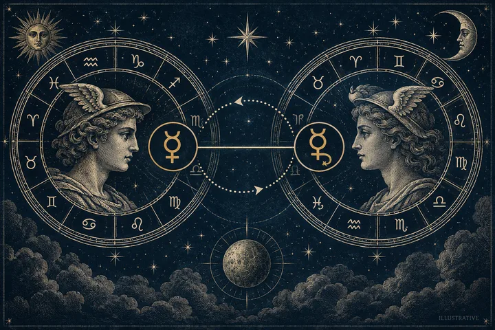 Editorial illustration accompanying: What does Mercury retrograde in one natal chart add to Mercury synastry?