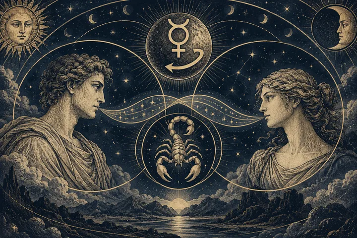 Engraved illustration of two robed figures facing across a starry sky, with a scorpion in a circle between them, a planetary symbol above, sun and moon faces at the upper corners, and mountains around water below.