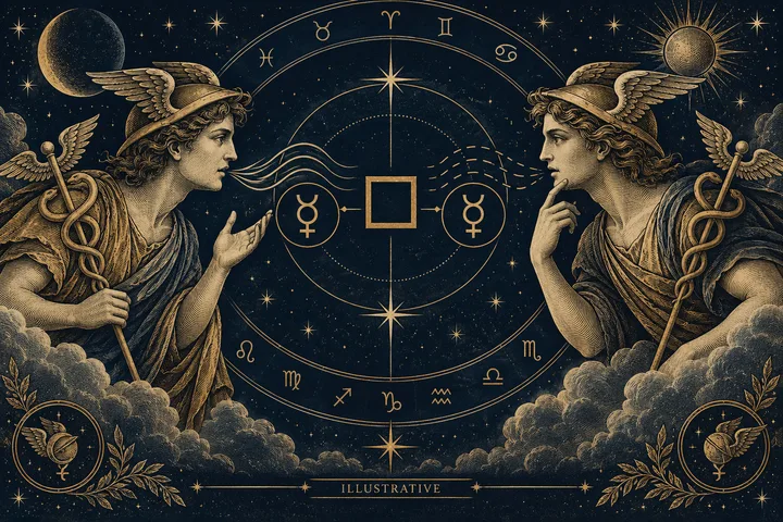 Two winged, robed figures face each other across a circular zodiac diagram with Mercury symbols and a square aspect; the word “ILLUSTRATIVE” appears below.